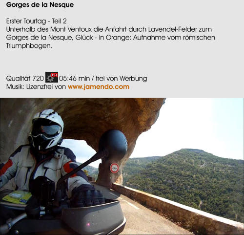 Gorges de la Nesque  Erster Tourtag - Teil 2  Unterhalb des Mont Ventoux die Anfahrt durch Lavendel-Felder zum Gorges de la Nesque, Glck - in Orange: Aufnahme vom rmischen Triumphbogen.    Qualitt 720        05:46 min / frei von Werbung Musik: Lizenzfrei von www.jamendo.com