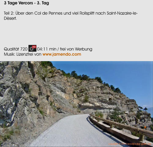 3 Tage Vercors - 3. Tag  Teil 2: ber den Col de Pennes und viel Rollsplitt nach Saint-Nazaire-le-Dsert.      Qualitt 720        04:11 min / frei von Werbung Musik: Lizenzfrei von www.jamendo.com